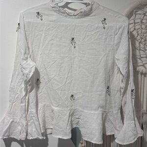 Zara White Ruffled Peplum Blouse with Mandarin Collar